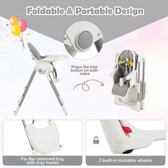 4-In-1 Foldable Baby High Chair with 7 Adjustable Heights and 4 Reclining Angles