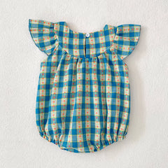 Summer Baby Girl Clothes Embroidery Newborn Romper Blue Grid Floral Cotton Flying Sleeves Baby Bodysuit 0-24 Months Girls Clothe