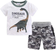 Boys Short Sets with Dinosaur Print Tops Elastic Waist Camouflage Shorts Beach Outfits