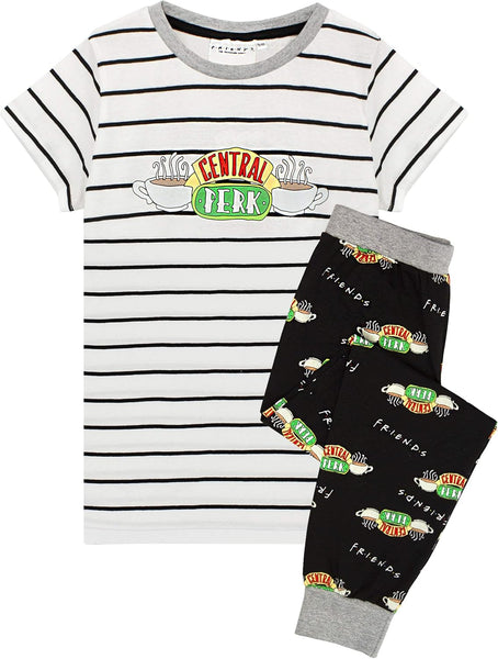 Central Perk Pyjamas for Girls | Children & Teens F.R.I.E.N.D.S Cafe Striped Black & White T-Shirt & Logo Loungepants PJ Set TV Show Gifts