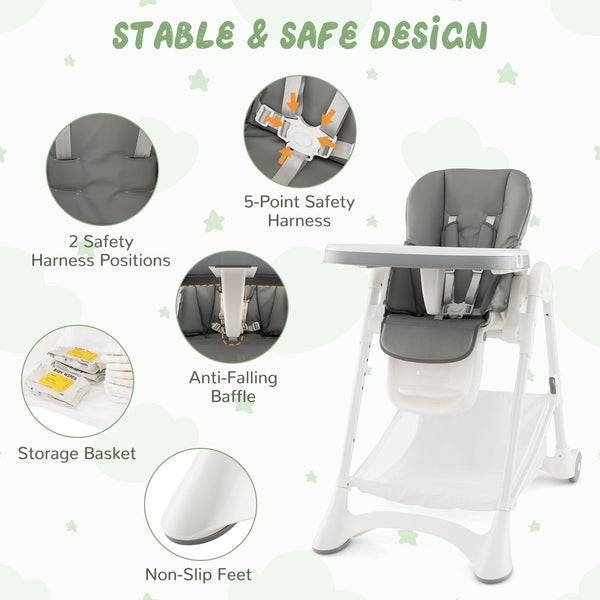 Baby High Chair with Detachable PU Cushion and Lockable Wheels