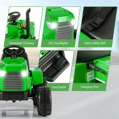 Costway 12V Kids Electric Car Tractor with Trailer and Remote Control - Green/Pink/Red/Dark Green
