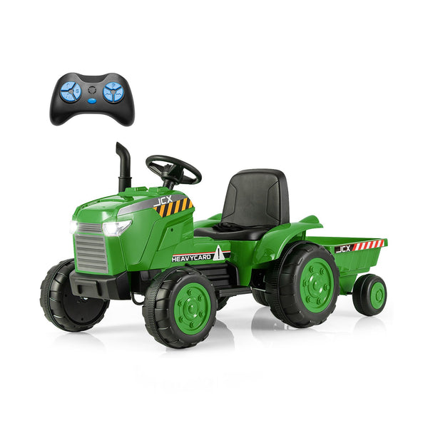 Costway 12V Kids Electric Car Tractor with Trailer and Remote Control - Green/Pink/Red/Dark Green