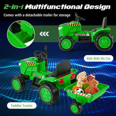 Costway 12V Kids Electric Car Tractor with Trailer and Remote Control - Green/Pink/Red/Dark Green