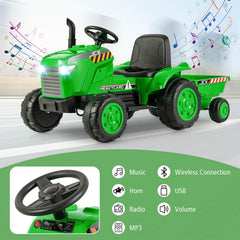 Costway 12V Kids Electric Car Tractor with Trailer and Remote Control - Green/Pink/Red/Dark Green