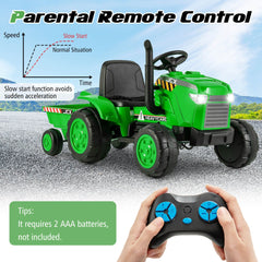 Costway 12V Kids Electric Car Tractor with Trailer and Remote Control - Green/Pink/Red/Dark Green