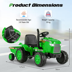 Costway 12V Kids Electric Car Tractor with Trailer and Remote Control - Green/Pink/Red/Dark Green
