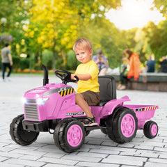 Costway 12V Kids Electric Car Tractor with Trailer and Remote Control - Green/Pink/Red/Dark Green