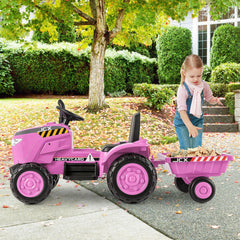 Costway 12V Kids Electric Car Tractor with Trailer and Remote Control - Green/Pink/Red/Dark Green