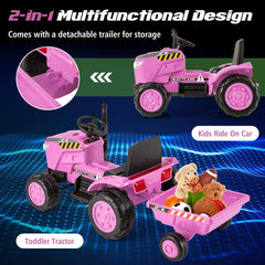 Costway 12V Kids Electric Car Tractor with Trailer and Remote Control - Green/Pink/Red/Dark Green