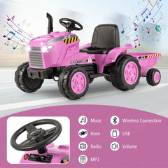 Costway 12V Kids Electric Car Tractor with Trailer and Remote Control - Green/Pink/Red/Dark Green