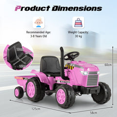 Costway 12V Kids Electric Car Tractor with Trailer and Remote Control - Green/Pink/Red/Dark Green