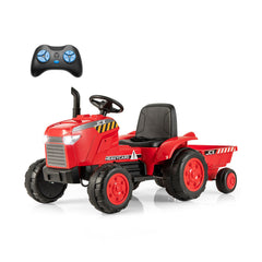Costway 12V Kids Electric Car Tractor with Trailer and Remote Control - Green/Pink/Red/Dark Green