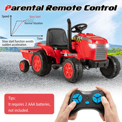 Costway 12V Kids Electric Car Tractor with Trailer and Remote Control - Green/Pink/Red/Dark Green