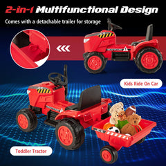 Costway 12V Kids Electric Car Tractor with Trailer and Remote Control - Green/Pink/Red/Dark Green