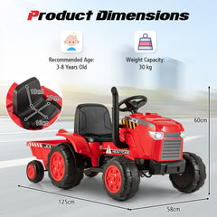 Costway 12V Kids Electric Car Tractor with Trailer and Remote Control - Green/Pink/Red/Dark Green