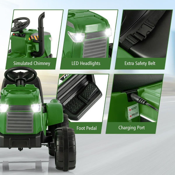 Costway 12V Kids Electric Car Tractor with Trailer and Remote Control - Green/Pink/Red/Dark Green