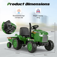 Costway 12V Kids Electric Car Tractor with Trailer and Remote Control - Green/Pink/Red/Dark Green