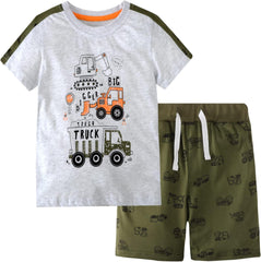 Toddler Boys Little Monster Embroidered Truck 2-Pieces Cotton T-Shirt and Shorts Summer Outfit Set