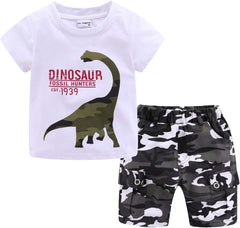 Boys Short Sets with Dinosaur Print Tops Elastic Waist Camouflage Shorts Beach Outfits