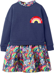 Girl Winter Casual Dress Christmas Long Sleeve Cotton Cartoon Applique Strip Shirt Party Outfit Dresses