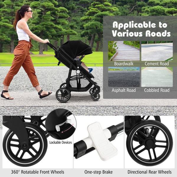 2-in-1 High Landscape Baby Stroller with Reversible Seat and Adjustable Canopy