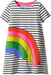 Girl Winter Casual Dress Christmas Long Sleeve Cotton Cartoon Applique Strip Shirt Party Outfit Dresses