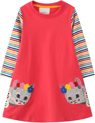 Girl Winter Casual Dress Christmas Long Sleeve Cotton Cartoon Applique Strip Shirt Party Outfit Dresses