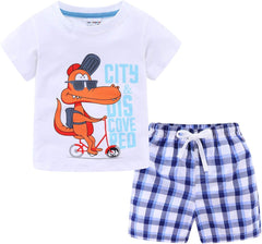 Boys Short Sets with Dinosaur Print Tops Elastic Waist Camouflage Shorts Beach Outfits