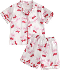 Baby Girls' Pyjama Sets Girls Summer 2PCS Pajama Sets Short Sleeve Button down Shirt Floral Print + Elastic Waist Shorts Sleepwear Girls Loungewear