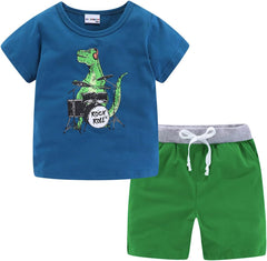Boys Short Sets with Dinosaur Print Tops Elastic Waist Camouflage Shorts Beach Outfits