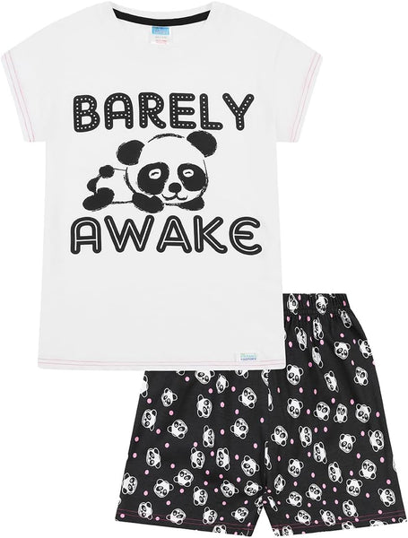 Girls Barely Awake Panda Short Pyjamas Black and White 7 to 16 Years