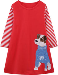 Girl Winter Casual Dress Christmas Long Sleeve Cotton Cartoon Applique Strip Shirt Party Outfit Dresses