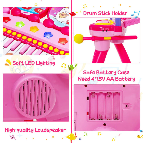 24 Keys Piano Keyboard Drum Set with Stool and Microphone for Kids