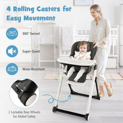 Foldable High Chair with Recline Backrest and Adjustable Height