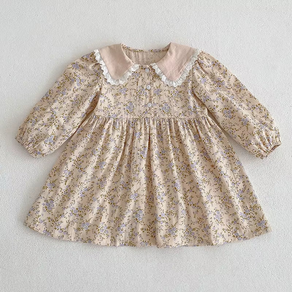 Sweet Kids Baby Girls Long Sleeve Flower Printing Princess Dress Autumn Baby Girls Doll Collar Dress Children Clothes Dress