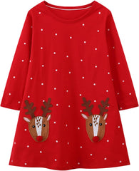 Girl Winter Casual Dress Christmas Long Sleeve Cotton Cartoon Applique Strip Shirt Party Outfit Dresses