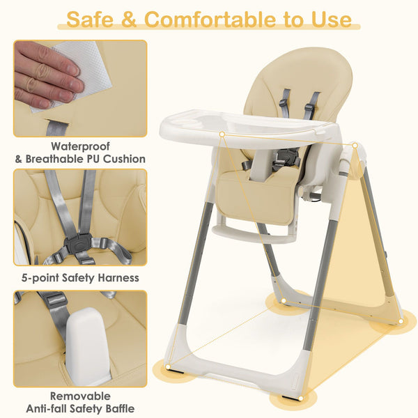 4-In-1 Foldable Baby High Chair with 7 Adjustable Heights and 4 Reclining Angles