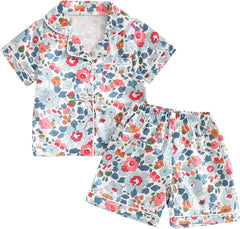 Baby Girls' Pyjama Sets Girls Summer 2PCS Pajama Sets Short Sleeve Button down Shirt Floral Print + Elastic Waist Shorts Sleepwear Girls Loungewear