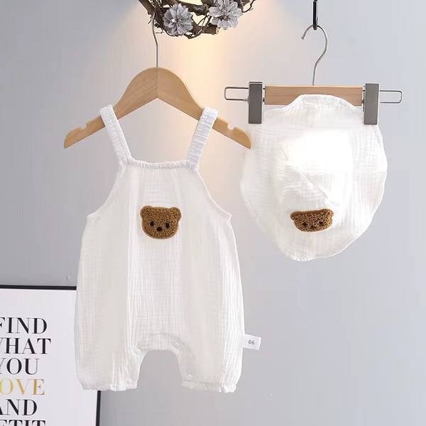 Summer Baby Girls Romper with Hat Cartoon Cherry Bear Jumpsuits Infant Sleeveless Muslin Clothing for Boys Bunny Printed Outfits