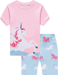 Girls Pyjamas Set Short Sleeve Unicorn Cotton Pjs Kids Sleepwear Toddler Tops T Shirts & Pants Summer Nightwear Age 1-7 Years