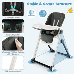 Foldable High Chair with Recline Backrest and Adjustable Height