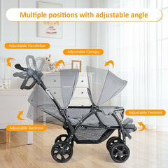 Double Pushchair with Adjustable Backrest and Sunshade