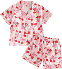 Baby Girls' Pyjama Sets Girls Summer 2PCS Pajama Sets Short Sleeve Button down Shirt Floral Print + Elastic Waist Shorts Sleepwear Girls Loungewear