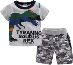 Boys Short Sets with Dinosaur Print Tops Elastic Waist Camouflage Shorts Beach Outfits