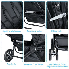 Double Pushchair with Adjustable Backrest and Sunshade