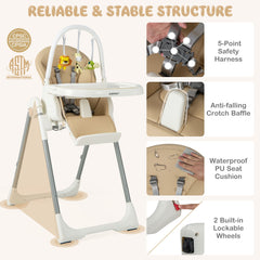 4-In-1 Foldable Baby High Chair with 7 Adjustable Heights and 4 Reclining Angles