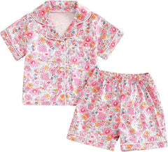 Baby Girls' Pyjama Sets Girls Summer 2PCS Pajama Sets Short Sleeve Button down Shirt Floral Print + Elastic Waist Shorts Sleepwear Girls Loungewear