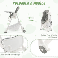Baby High Chair with Detachable PU Cushion and Lockable Wheels