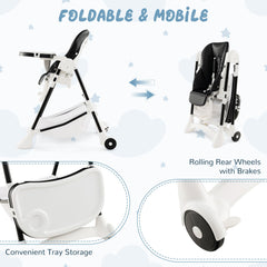 Baby High Chair with Detachable PU Cushion and Lockable Wheels
